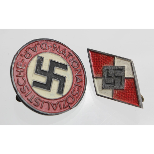 792 - German WW2 DAP party lapel badge with Hitler youth lapel badge