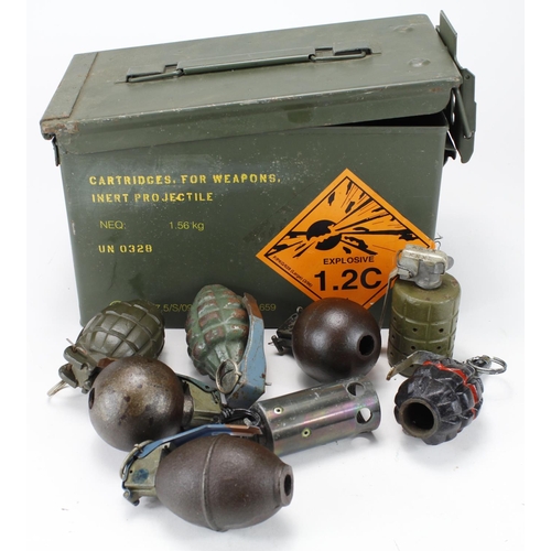 825 - Grenades, 8x assorted deactivated Grenades housed in a 50 Cal Ammo Tin. (Buyer collects)