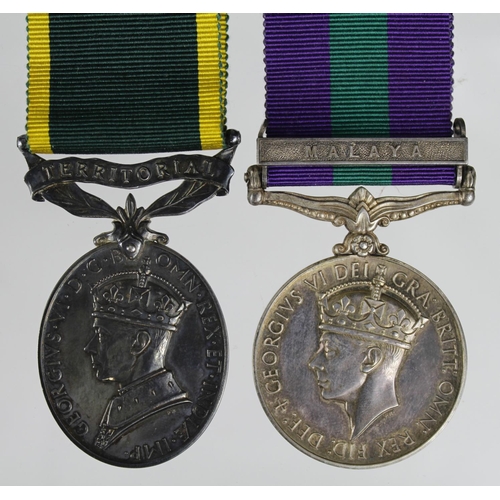 835 - GSM GVI with Malaya clasp (22186908 Sigmn J H Bevan R.Sigs), Efficiency Medal GVI with Territorial c... 