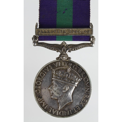 836 - GSM GVI with Palestine 1945-48 clasp (14463266 Pte N Taylor BW). Served with 4th Bn.