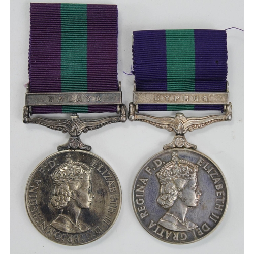 842 - GSM QE2 with Malaya clasp (4145992 A.C.I. D J Laing RAF). With GSM QE2 with Cyprus clasp (23443391 P... 