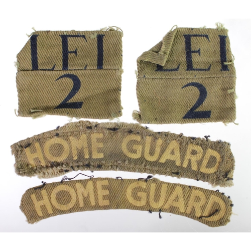 846 - Home Guard WW2 pair of titles with pair of LEI 2 (Leicestershire) div patches