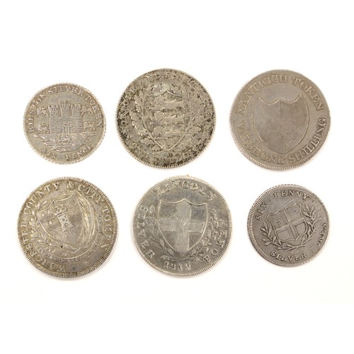 1770 - Tokens, 19thC Silver (6): Worcester County Shilling 1811 GVF, Lincoln Millson & Preston Shilling 181... 