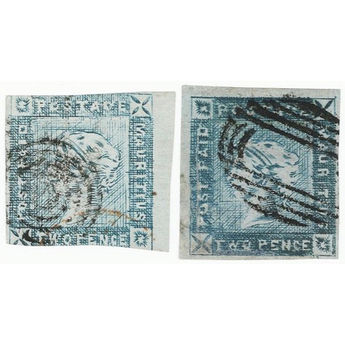 131 - Mauritius 1859 Lapitot 2d blue intermediate impressions, two examples from positions 4 and 9 in the ... 