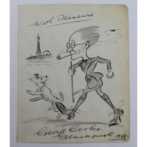 562 - George Cooke pen / ink caricature self portrait of him walking his dog with Blackpool Tower in the b... 