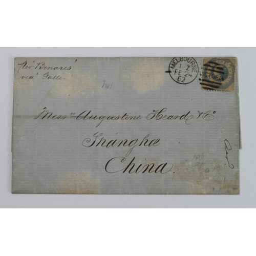 63 - Australia cover - 1862 Melbourne to Shanghai, China. 1s stamp (SG81), Melbourne duplex with central ... 