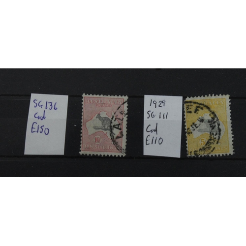 65 - Australia Roo stamps 1929 5/- SG111 cat £110, and 10/- SG136 cat £150, both used. One short corner p... 