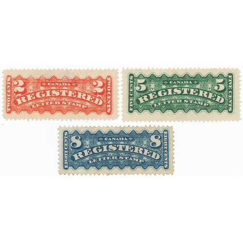 76 - Canada 1875-92 Registration stamps, SG R3, R6 and R9. The latter no gum, others mounted mint. 2c wit... 