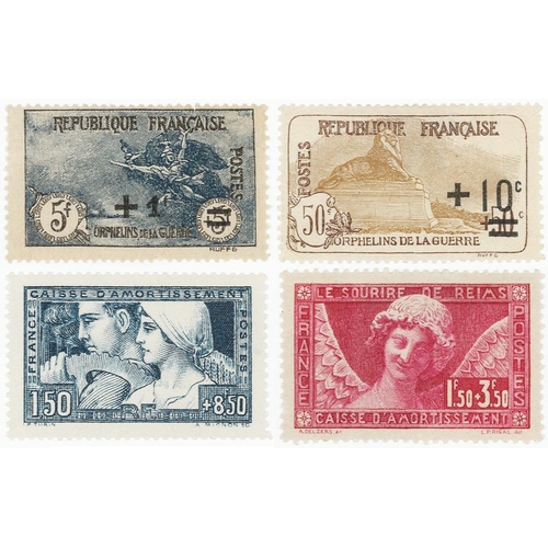 95 - France various mint odd values, 1922 War Orphans Fund SG393 and 395 (small closed tear + gum disturb... 