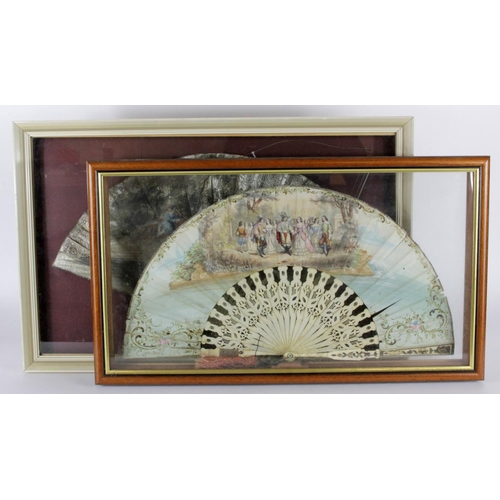 393 - Fans. Two late 19th to early 20th Century fans, depicting classical scenes, both with pierced sticks... 