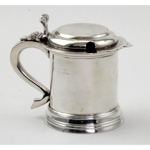 463 - Miniature silver Tankard mustard pot with blue glass liner, has worn marks to the body of the item b... 