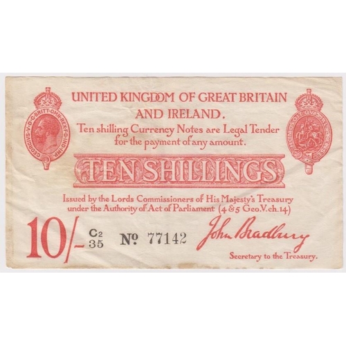 109 - Bradbury 10 Shillings issued 1915, 5 digit serial number C2/35 77142 (T12.3, Pick348a) light stain a... 