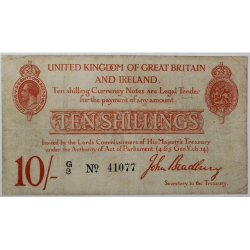 110 - Bradbury 10 Shillings issued 1915, 5 digit serial number G/3 41077,  (T12.1, Pick348a) GF with a few... 