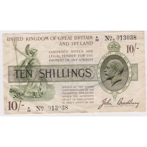 112 - Bradbury 10 Shillings issued 1918, serial A/20 013038, No. with dot (T17, Pick350a) about VF