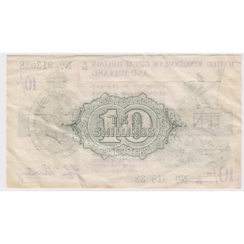 112 - Bradbury 10 Shillings issued 1918, serial A/20 013038, No. with dot (T17, Pick350a) about VF