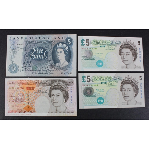 131 - Bank of England (4), Fforde 5 Pounds issued 1967 serial 14C 420652 (B314), Kentfield 10 Pounds issue... 