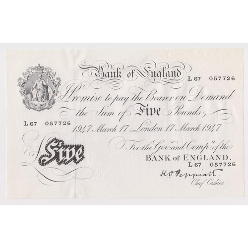 279 - Peppiatt 5 Pounds dated 17th March 1947, serial L67 057726, London issue on thin paper, a consecutiv... 