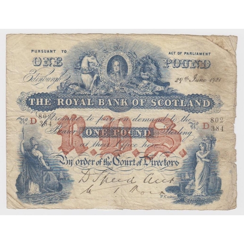 451 - Scotland, Royal Bank of Scotland 1 Pound dated 29th June 1921, early 'square' note, signed David Spe... 