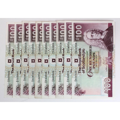 465 - Scotland, Royal Bank of Scotland plc 100 Pounds (10) dated 1998 to 2007, about VF to VF