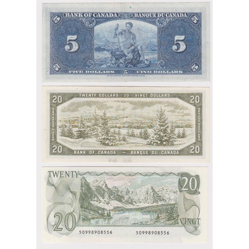 520 - Canada (3), 20 Dollars dated 1954 signed Beattie & Rasminsky EF+, 5 Dollars dated 1937 signed Gordon... 