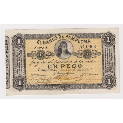 550 - Colombia El Banco de Pamplona 1 Peso dated 9th July 1883, Series A serial no. 0664 (PickS711a) small... 