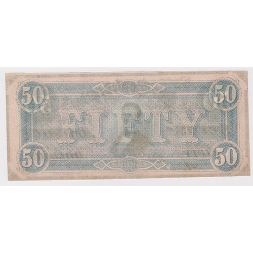 554 - Confederate States of America 50 Dollars dated 17th February 1864, serial No. 86844 Plate A (Pick70)... 