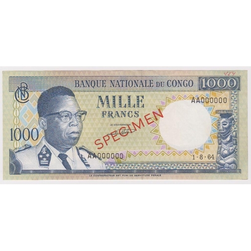 555 - Congo Democratic Republic 1000 Francs dated 1st August 1964, scarce SPECIMEN note, serial AA000000, ... 