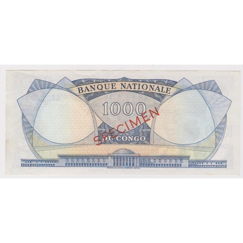 555 - Congo Democratic Republic 1000 Francs dated 1st August 1964, scarce SPECIMEN note, serial AA000000, ... 