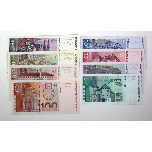 559 - Croatia (8), 5 Kuna, 10 Kuna, 20 Kuna, 50 Kuna, 100 Kuna, 200 Kuna, 500 Kuna & 1000 Kuna, dated betw... 