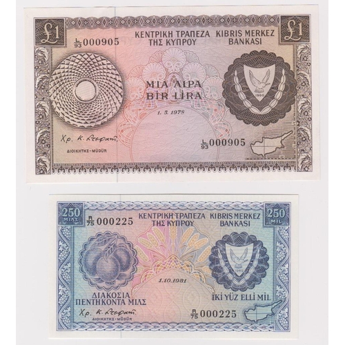 565 - Cyprus (2), 1 Pound dated 1st May 1978, LOW serial L/93 000905 (TBB B303k, Pick43c), 250 Mils dated ... 