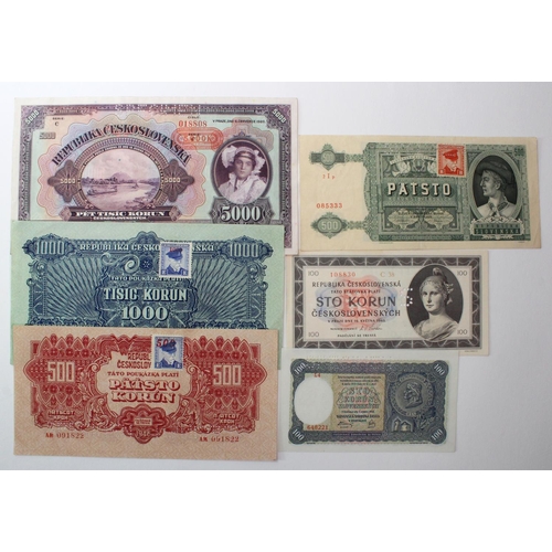 569 - Czechoslovakia (6), a collection of SPECIMEN notes comprising 5000 Korun dated 1920, 100 Korun dated... 