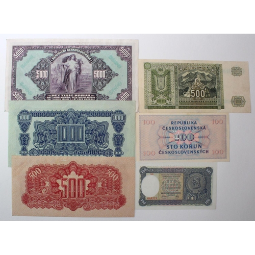 569 - Czechoslovakia (6), a collection of SPECIMEN notes comprising 5000 Korun dated 1920, 100 Korun dated... 