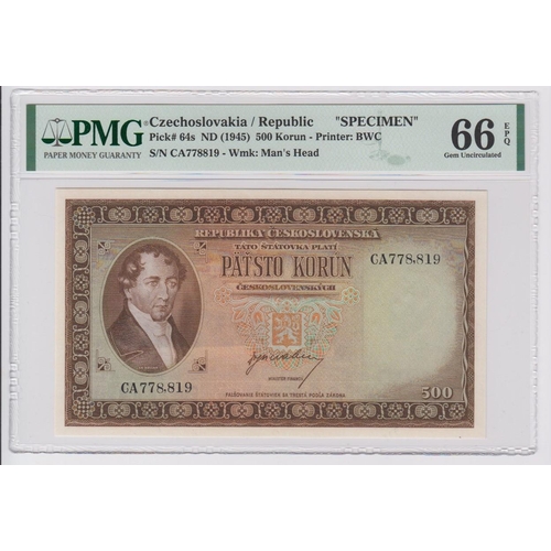 570 - Czechoslovakia 500 Korun issued 1945, serial CA778819 (TBB B143as1, Pick64s) in PMG holder graded 66... 