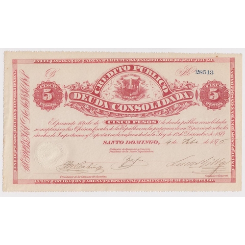 572 - Dominican Republic 5 Pesos dated 1876, Bond of Consolidated Public Debt, serial 28513 (PickS161) ver... 