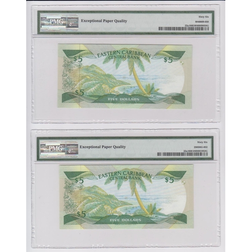 573 - East Caribbean 5 Dollars (2) issued 1988 - 1993, Suffix 'A' fof Antigua, serial B269163A & B269482 (... 