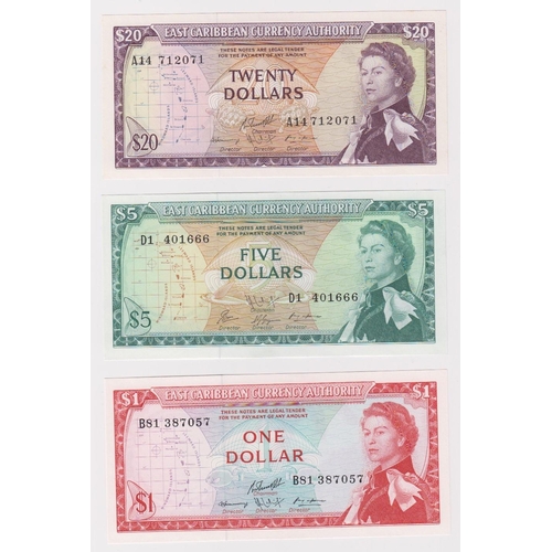 575 - East Caribbean Currency Authority (3), 20 Dollars issued 1965 (TBB B103c10, Pick15g), 5 Dollars issu... 