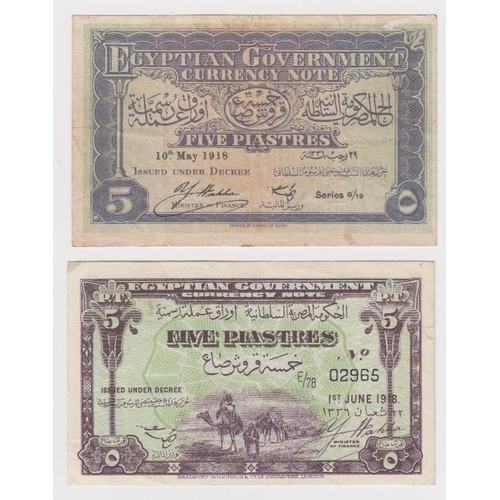 578 - Egypt (2), 5 Piastres dated 10th May 1918, signed Youssef Wahba, rarer small font series G/19 (TBB B... 