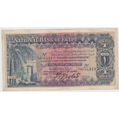 588 - Egypt 1 Egyptian Pound dated 14th November 1918, signed F. Rowlatt, serial S/44 035419 (TBB B110a, P... 