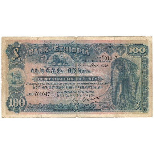 597 - Ethiopia 100 Thalers dated 1st May 1932, first date of issue, serial D/1 01047, (TBB B105a, Pick10) ... 