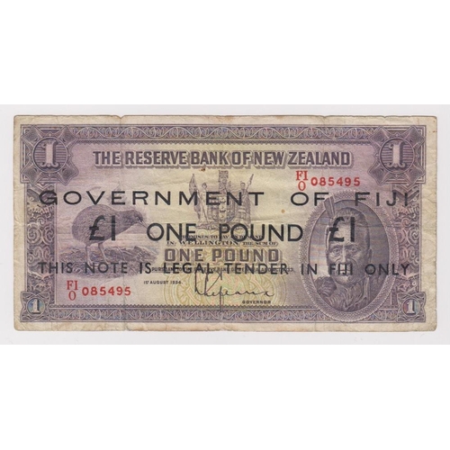 603 - Fiji 1 Pound issued 1942, Emergency overprint on New Zealand 1 Pound (1934), serial FI/O 085495 (TBB... 