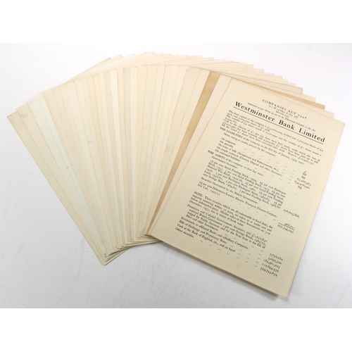 70 - Paper ephemera, Westminster Bank Ltd. official financial statements from 1954 to 1969, 31 x A4 sheet... 