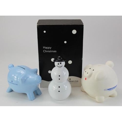 72 - Scotland Money Boxes Piggy Banks (3), Dunfermline Building Society blue plastic piggy bank without k... 