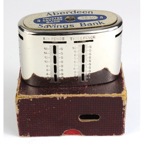 79 - Scotland, Money box Aberdeen Savings Bank oval metal box number 3630, without key, base is locked, i... 