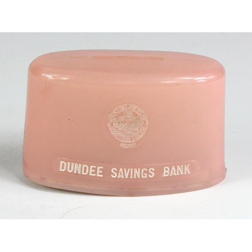 81 - Scotland, Money box Dundee Savings Bank, oval plastic/acrylic box without key, base is locked, small... 