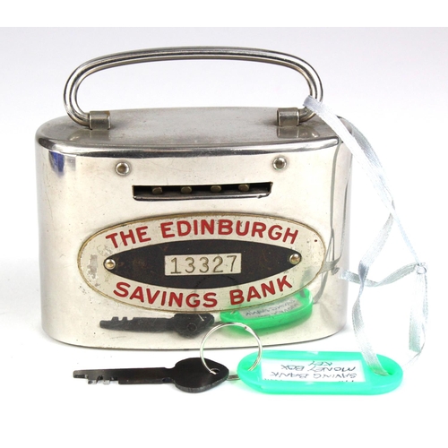 82 - Scotland, Money box Edinburgh Savings Bank, oval metal box number 13327 with key, very good conditio... 