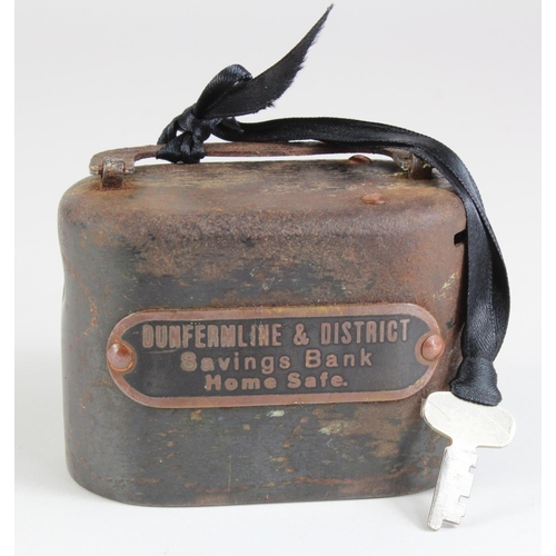 83 - Scotland, Money box home safe Dunfermline & District Savings Bank, heavy oval iron box with key, som... 