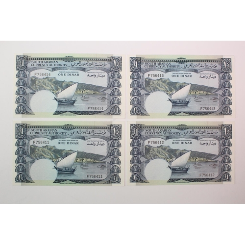 914 - Yemen Democratic Republic 1 Dinar (4) issued 1965, a consecutively numbered run, serial No. F756411 ... 