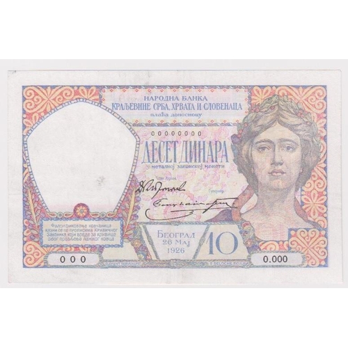 924 - Yugoslavia 10 Dinara dated 26th May 1926, very rare SPECIMEN note, serial 0000000 (Pick25s) cleaned ... 