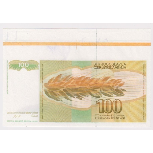 926 - Yugoslavia 100 Dinara dated 1990 without serial number, with extra paper at top showing colour bars ... 