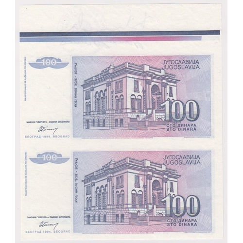 927 - Yugoslavia 100 Dinara dated 1994, an uncut sheet of 2 notes without serial numbers, with extra paper... 